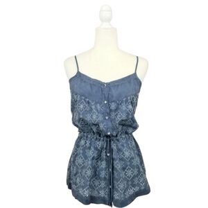 Johnny Was Top Blue Eyelet Thin Straps Tie Waist Button Front Rayon Size XS